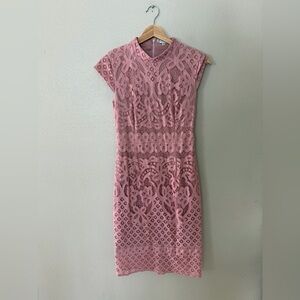 Baltic Born Eyelet Lace Cap Sleeve High Neck Midi Dress in Pink Size S